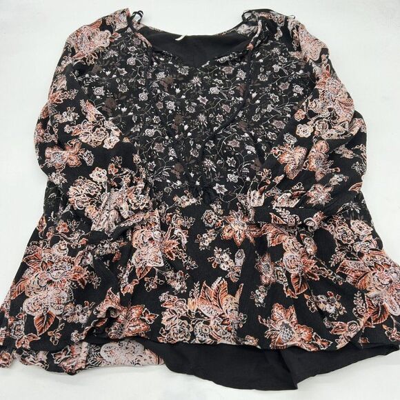 Free People Women’s XS Long Sleeve Black Floral Mini Dress Boho Flowy Lined - Picture 1 of 4
